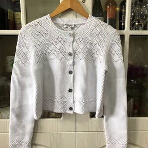CHANEL White Knit Cardigan with Silver Buttons